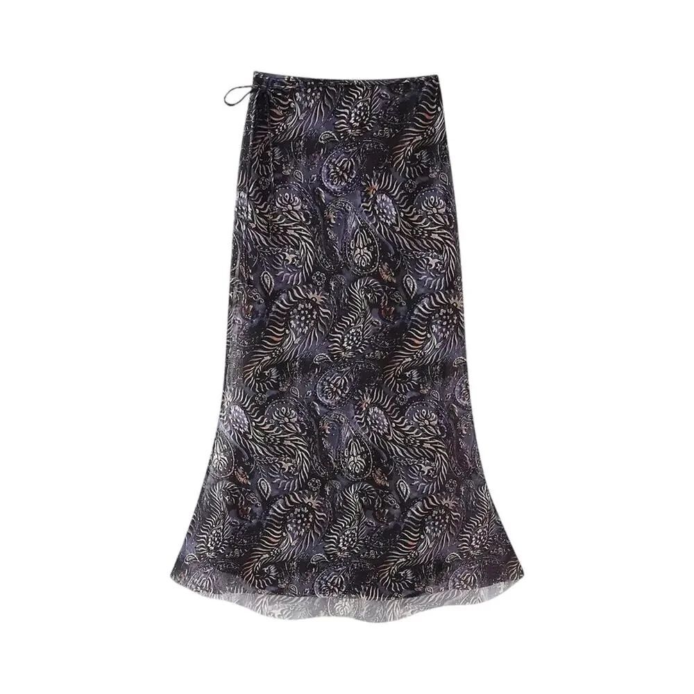 Zara S Blue Paisley Mesh Midi Skirt Side Tie Boho Whimsigoth Y2K NWOT Festival